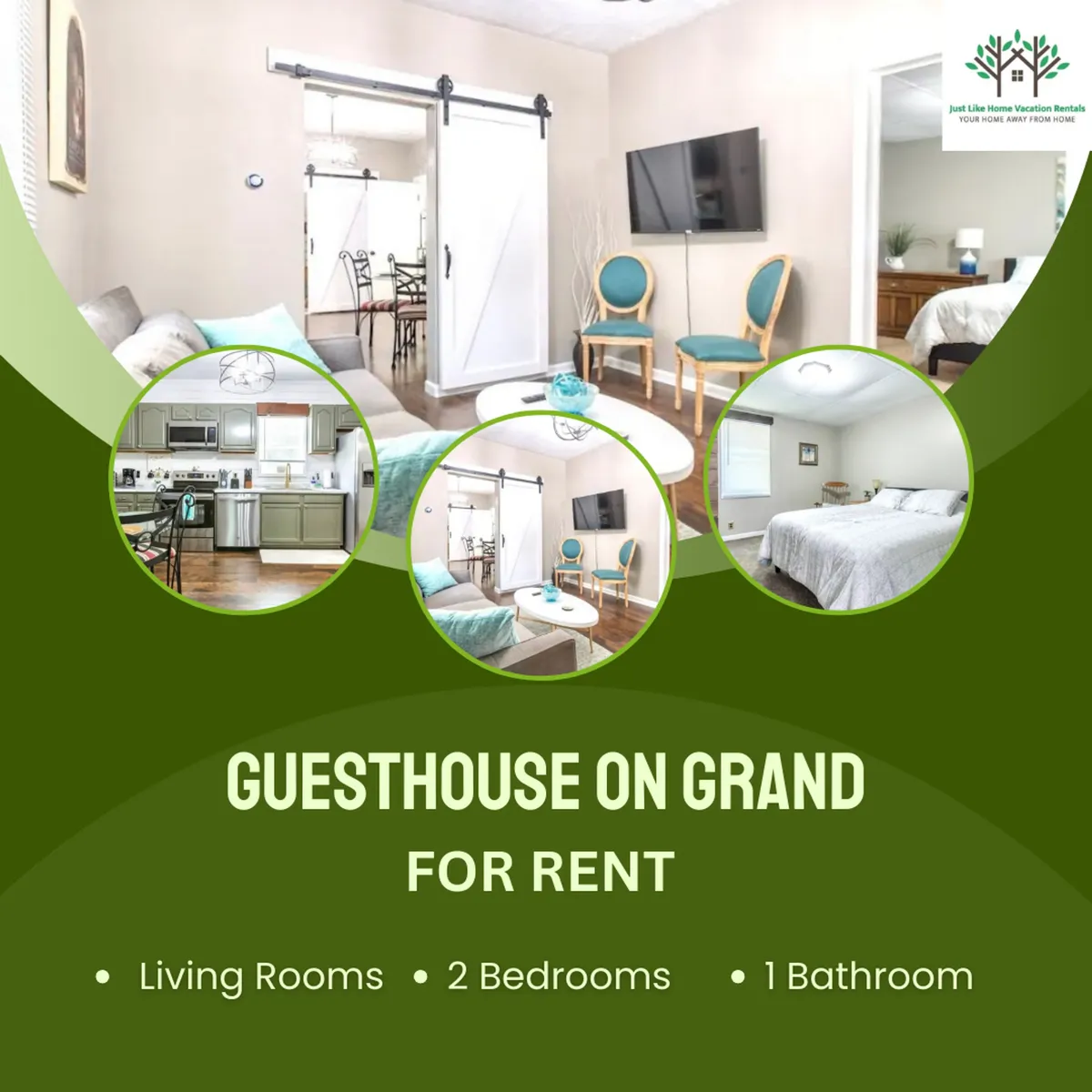 The image showcases a bright, open-concept living space with a comfortable sofa, a cozy dining area set for four, a modern kitchen, and glimpses of the inviting bedrooms. The setting feels warm and welcoming, perfect for family gatherings or relaxing getaways.